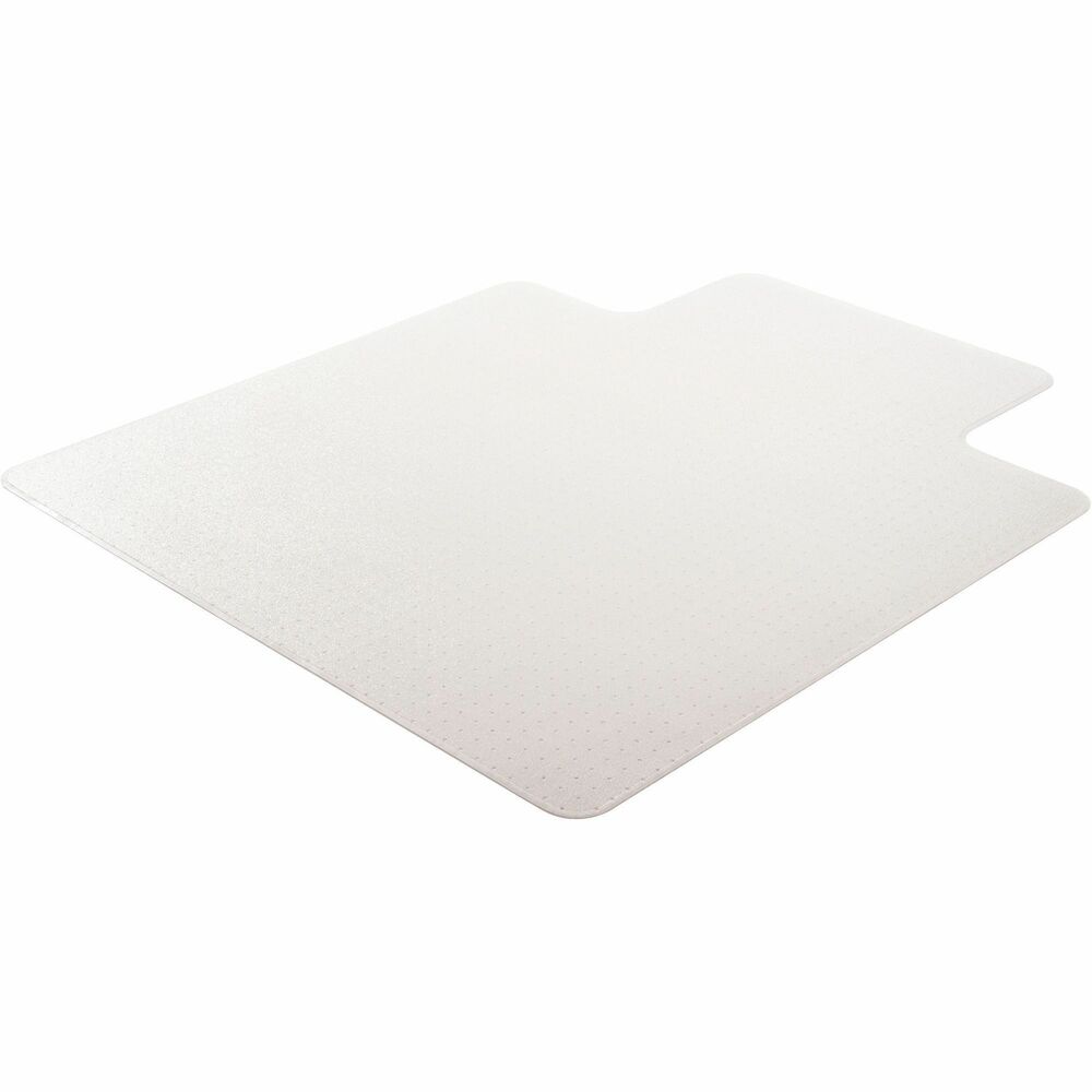 LLR69165 - Chairmat with a lip is designed for medium plush pile carpets up to 1/2" thick, including padding. 25" x 12" lip design includes 3/16" thick construction and works in the following work space configurations: writing table, desk, and U-workstation. Textured top makes mat slip-resistant and scuff-resistant. Chairmat also features a studded back to hold mat in place and smooth edge for easy chair movement. More from the Manufacturer