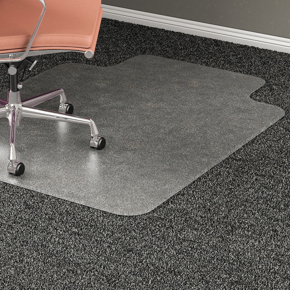 LLR69166 - Chairmat with a lip is designed for medium plush pile carpets up to 1/2" thick, including padding. 25" x 12" lip design includes 3/16" thick construction and works in the following work space configurations: writing table, desk, and U-workstation. Textured top makes mat slip-resistant and scuff-resistant. Chairmat also features a studded back to hold mat in place and smooth edge for easy chair movement. More from the Manufacturer