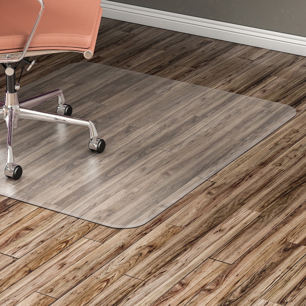 LLR69169 - Rectangular chairmat with no lip is designed for hard floors including wood, vinyl and tile. Design features less than 1/16" thick vinyl construction and a straight edge. Chairmat protects floors from chair scuffs and caster damage. More from the Manufacturer