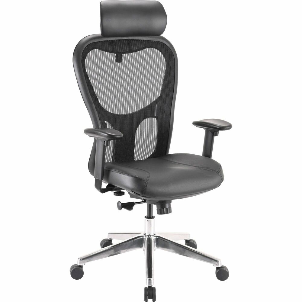 LLR85035 - Executive high-back chair features a headrest, black mesh back, black leather seat and arm pads. Functions include pneumatic seat-height adjustment, 360-degree swivel, tilt tension and tilt lock. Frame and five-star base are made of polished aluminum. Base has casters for easy chair movement.