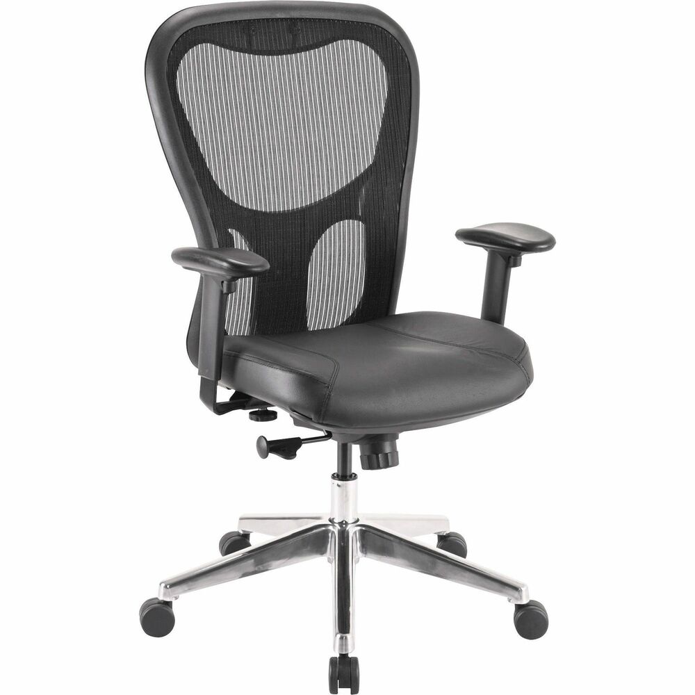 LLR85036 - Executive mid-back chair features a black mesh back, black leather seat and arm pads. Functions include pneumatic seat-height adjustment, 360-degree swivel, tilt tension and tilt lock. Frame and five-star base are made of polished aluminum. Base has casters for easy chair movement.
