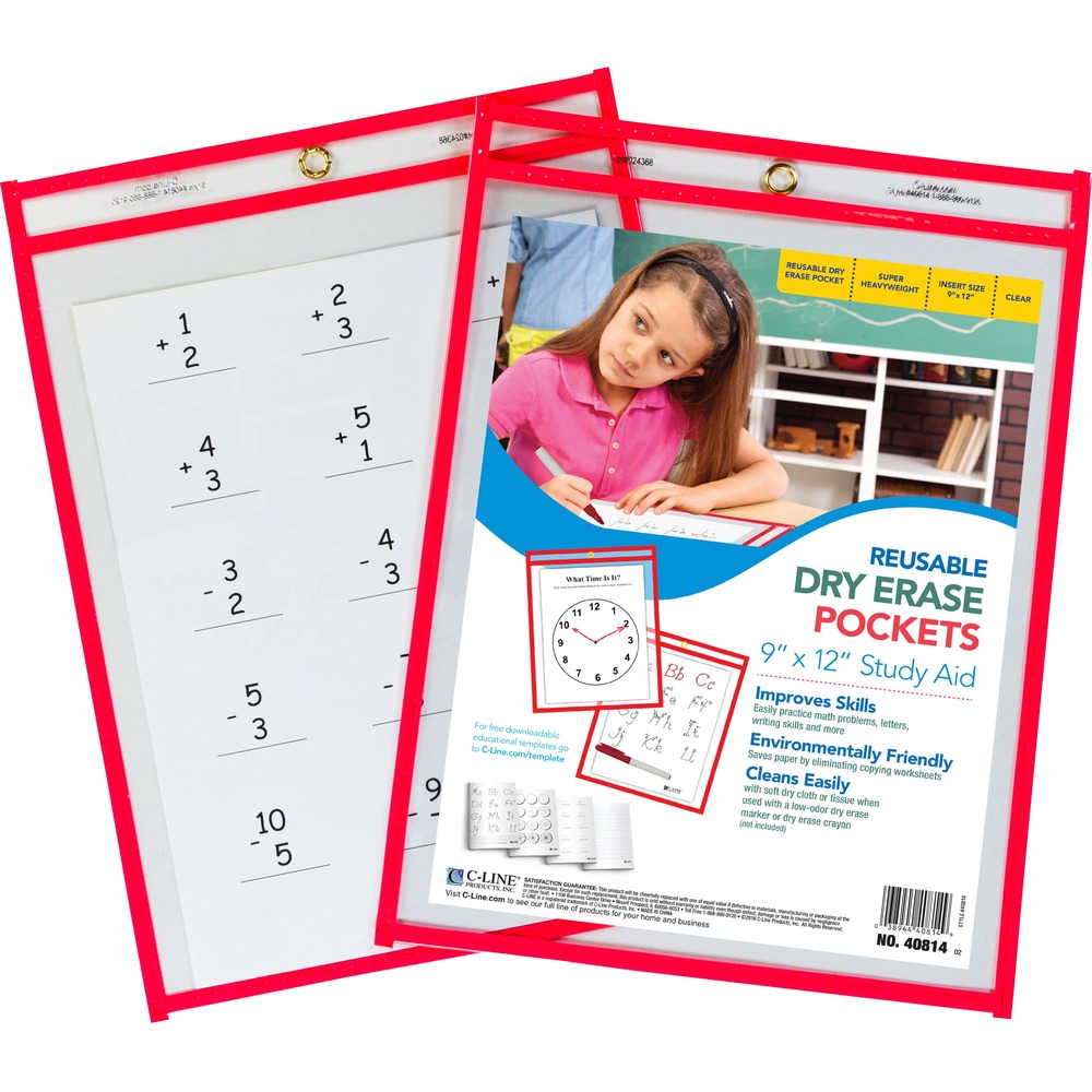 CLI40814 - Dry-erase pocket helps improve students' skill so they can easily practice math problems, letters, writing skills and more. The reusable heavyweight pocket saves paper by eliminating the need to copy worksheets over and over again. Simply slip a letter-size worksheet inside, and the pocket is ready to use. Dry-erase pocket is easily cleaned with a soft dry cloth or tissue when used with a low-odor dry-erase marker (sold separately). Pocket is clear with a red border and has an eyelet at the top for hanging. Free educational templates are available online.