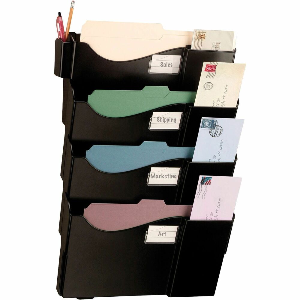 OIC21724 - Grande Central Filing System includes a starter pocket plus three add-on pockets. Design features special slots for envelopes or postcards and a detachable cup that fits on either side. Easily mount to walls with included mounting hardware. Categorize your files using included labels. Hangers adjust for wall panels ranging from 1-1/4" to 3" thick. More from the Manufacturer