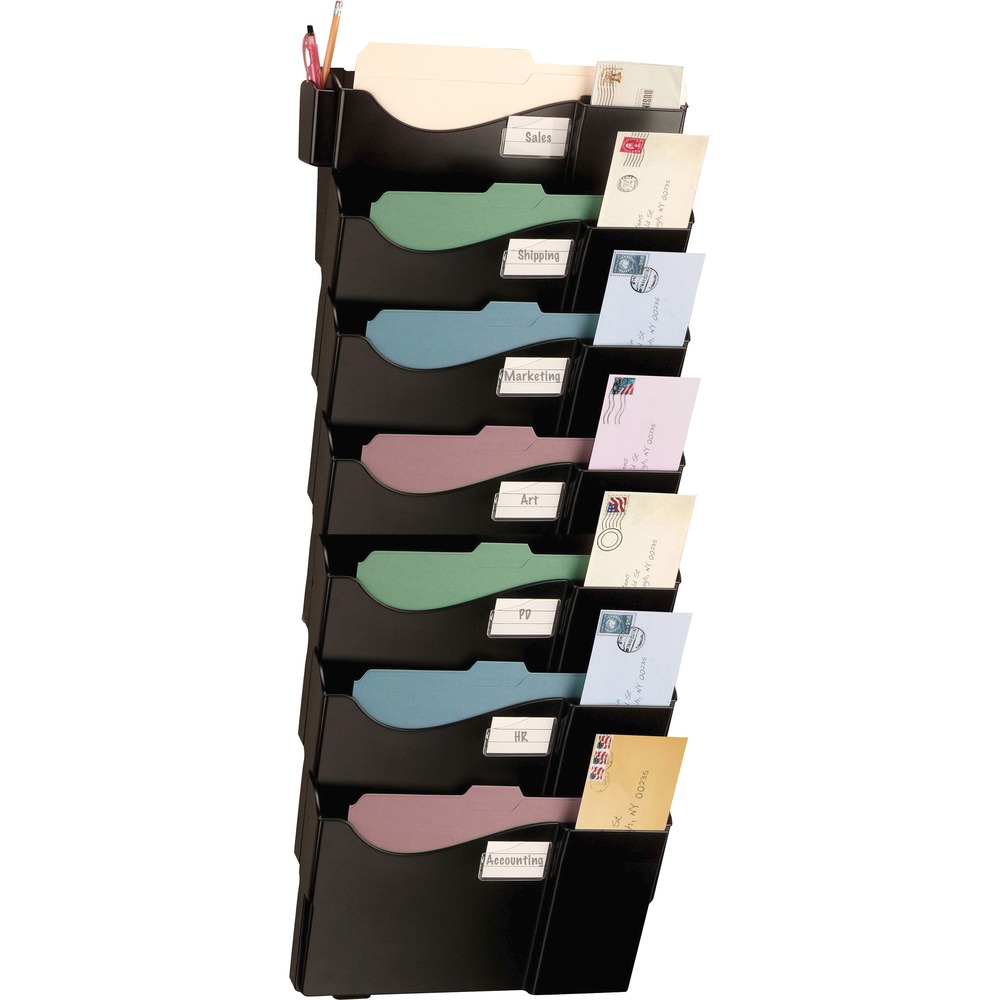 OIC21726 - Grande Central Filing System includes a starter pocket plus six add-on pockets. Design features special slots for envelopes or postcards and a detachable cup that fits on either side. Easily mount to walls with included mounting hardware. Categorize your files using included labels. Hangers adjust for wall panels ranging from 1-1/4" to 3" thick. More from the Manufacturer