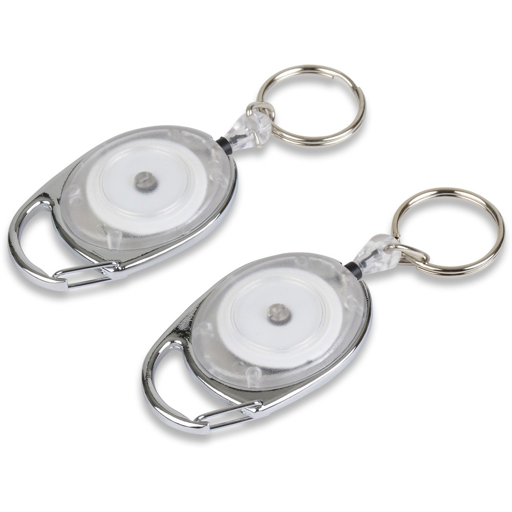 TCO58200 - Reel key chain features a chrome-plated carabiner with transparent cover clips. Easily secure around belt loops, bags or purse straps. Attached split ring holds keys. Cord extends 30" and retracts as needed.