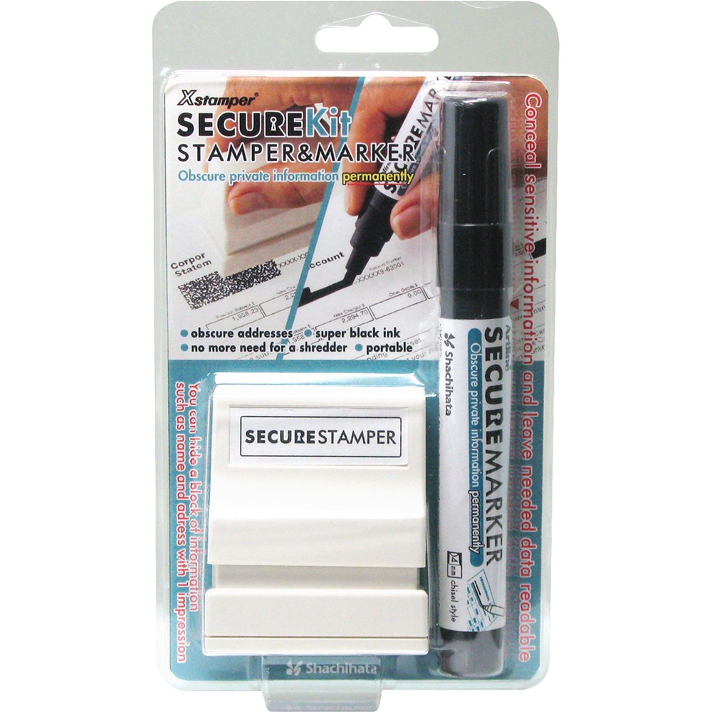 XST35302 - Small Security Stamper Kit includes one Secure Stamper and one Secure Marker. Both contain a special black ink that completely obscures private information, working best on black ink. Ideal for hiding personal information on mail and packages ready to be recycled. Covered information cannot be read, scanned or copied. Marker has a durable 4mm chisel nib to cover areas quickly and precisely. Stamper has a 1/2" x 1-5/8" impression size.