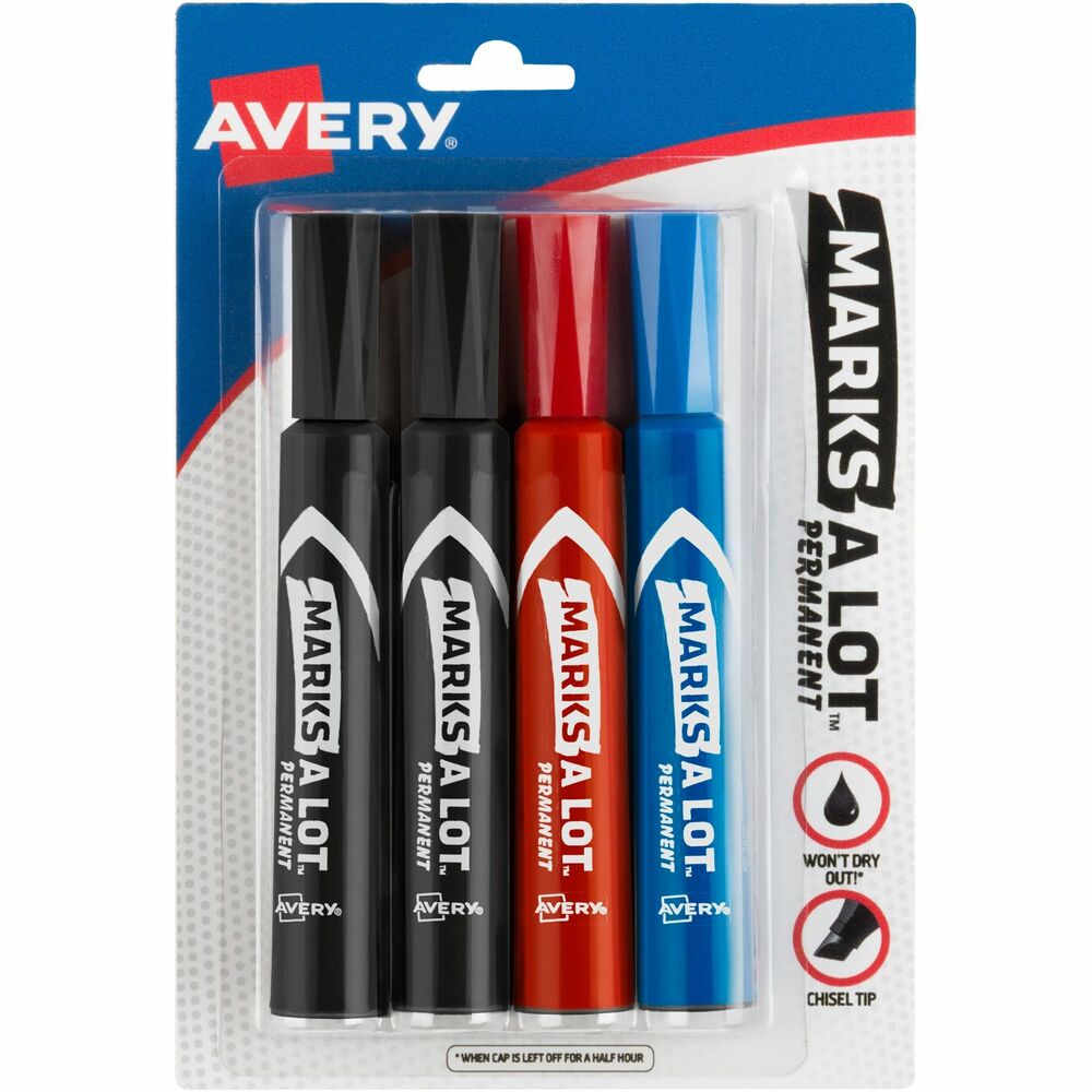 AVE07905 - Marks-A-Lot permanent markers make it easy to leave your mark. Durable chisel tip does not fray over time and makes it easy to create lines in various widths and sizes. This remarkable, permanent marker ink sets in quickly when written, but won't become dried out if you forget the cap. Leave the cap off the marker for up to 30 minutes, and you'll still be able to pick it back up and keep writing. Versatile permanent ink resists wear, fading and water exposure. These low-odor markers work on almost all surfaces including paper, cardboard, metal, PVC pipes, concrete walls, plastic and ceramic. They are great for marking sports equipment, creating yard sale signs and marking boxes in warehouses. Marks-A-Lot permanent markers cover every use for classrooms, offices, manufacturing facilities and more. Ink is ACMI certified as nontoxic and conforms to ASTM D4236. More from the Manufacturer