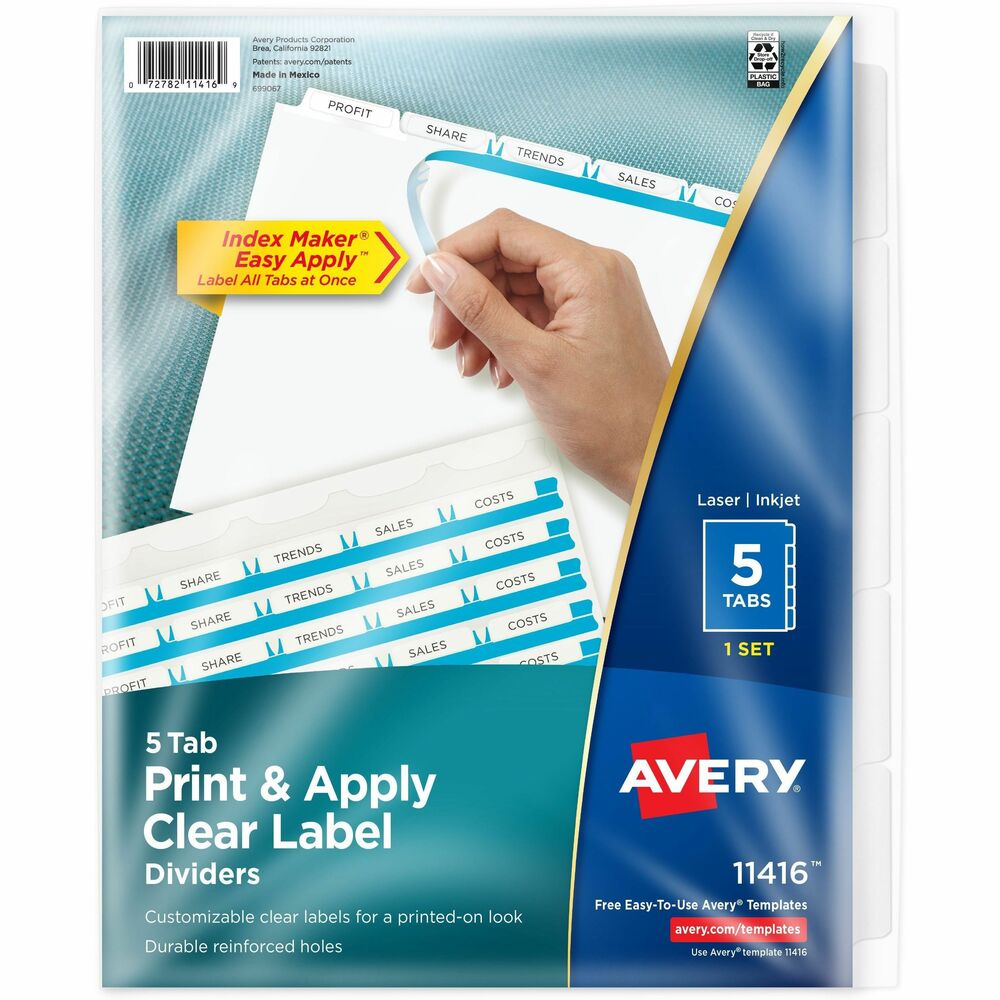 Avery® Index Maker Index Divider - 5 x Divider(s) - 5 - 5 Tab(s)/Set - 8.5" Divider Width x 11" Divider Length - 3 Hole Punched - White Paper Divider - White Paper Tab(s) - Durable, Tear Resistant, Hole-punched, Printable, Chlorine-free, PVC-free, Dou