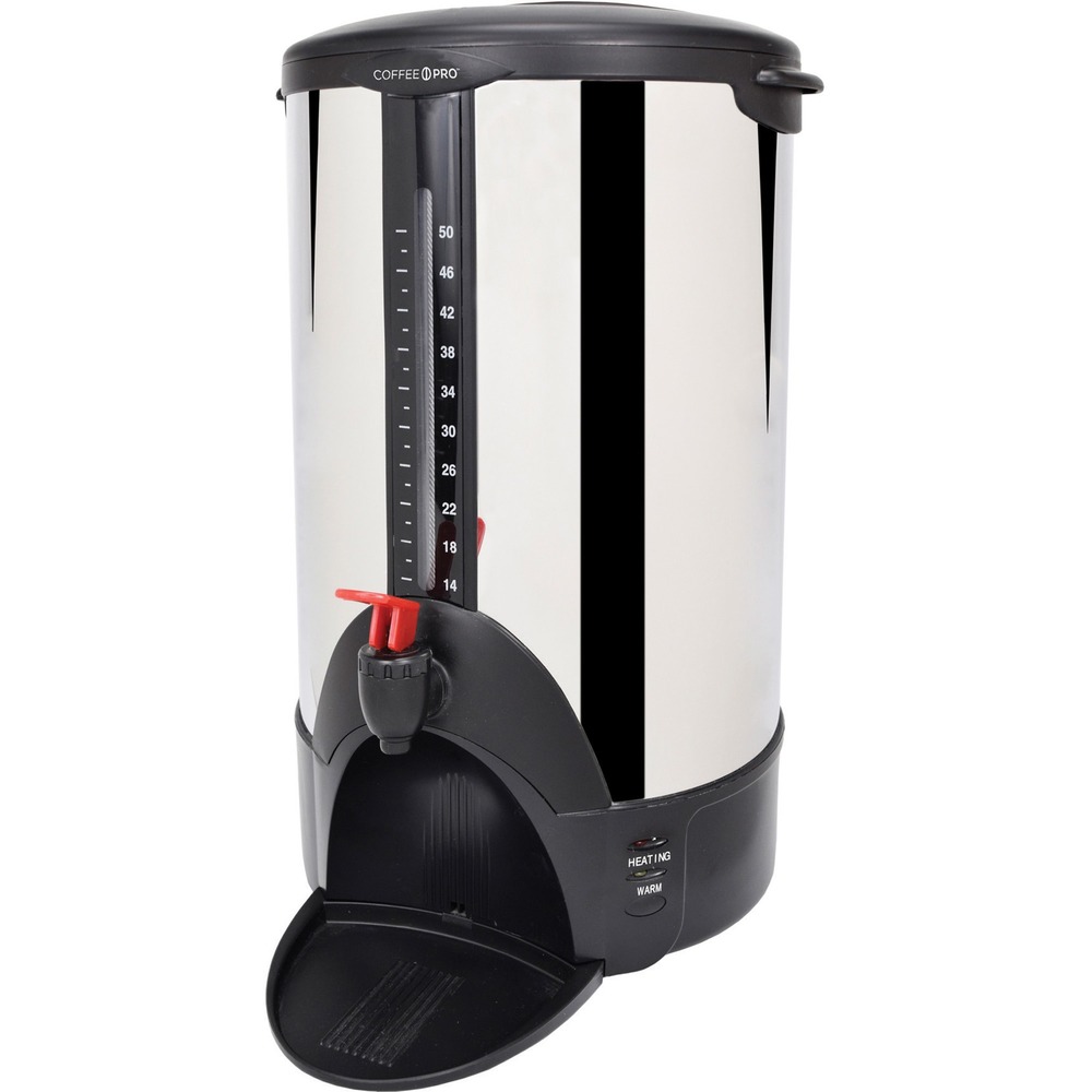 CFPCP50 - Stainless steel urn/coffeemaker is ideal for a large office or hospitality uses. The 50-cup urn offers a power light with durable construction. Removable drip tray allows easy cleaning. Brewer includes sight glass, attachable cup rest, safety spigot, locking lid and two-prong grounded cord. No filter is required.