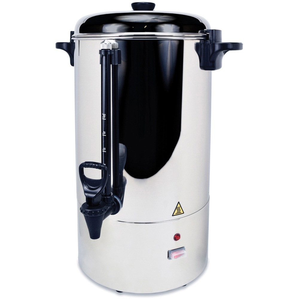 CFPCP80 - Stainless steel percolating urn holds 80 cups. Design offers permanent filter basket, locking safety lid, water level sight window and three-prong grounded cord. Safety spigot returns to "off" position. No filter required. Commercial rating UL and cUL listed.