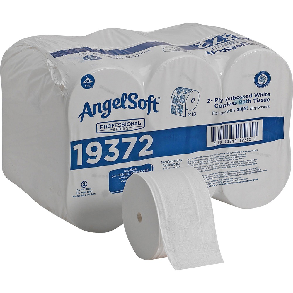 GPC19372 - Angel Soft premium coreless bathroom tissue is specifically designed to fit into Georgia Pacific Compact Tissue Dispensers. Design increases tissue capacity while optimizing storage space. Each roll contains 1,125 soft sheets that are two-ply.