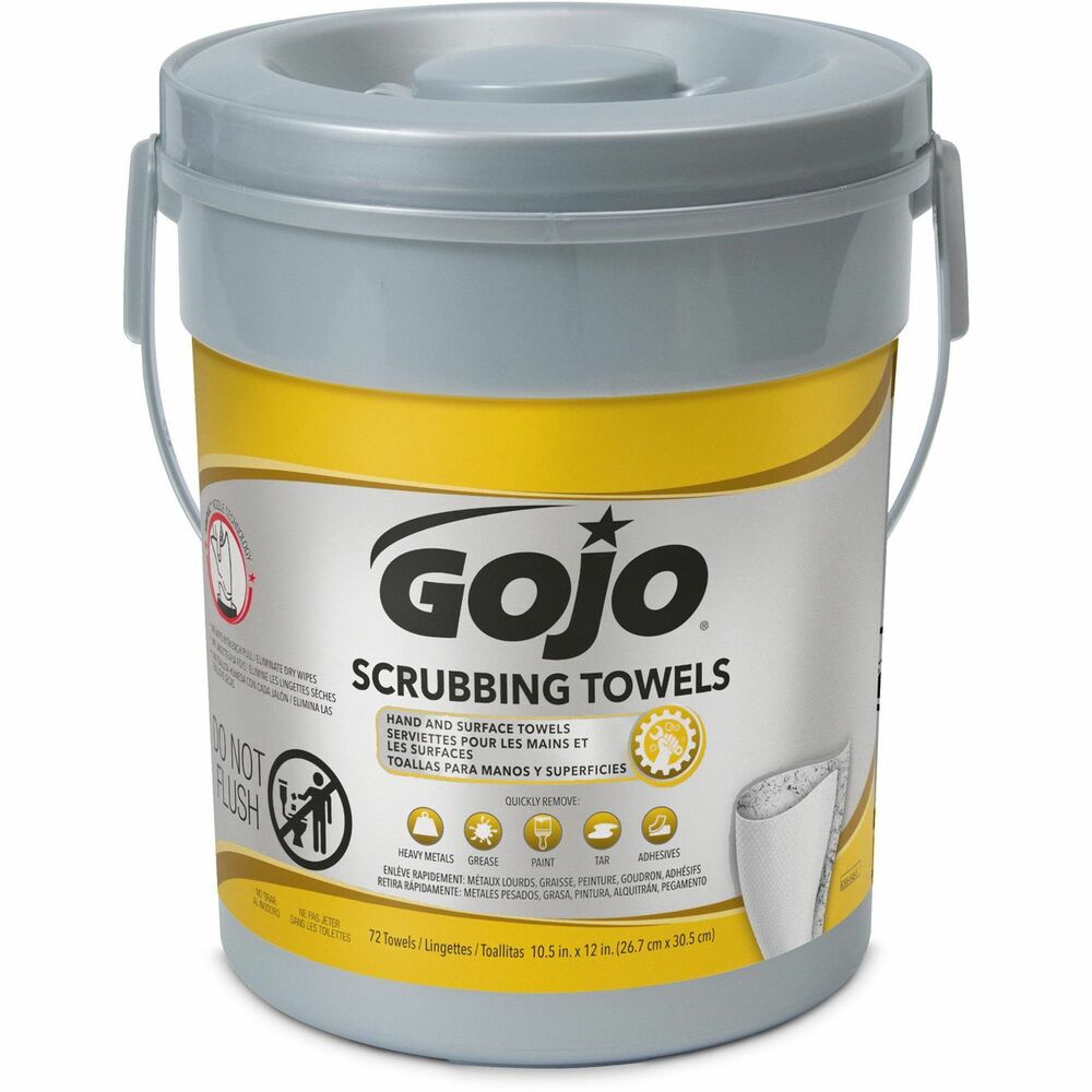 GOJ639606 - Scrubbing wipes deliver heavy-duty, aggressive hand cleaning. Each towel is equipped with skin conditioners to help prevent dryness and irritation while lifting dirt and grime from skin pores. Wipes come in a portable, convenient container. The easy-to-use dispensing lid helps you avoid struggling to thread the first wipe or fish for the next one. Wipes come out one at a time. More from the Manufacturer