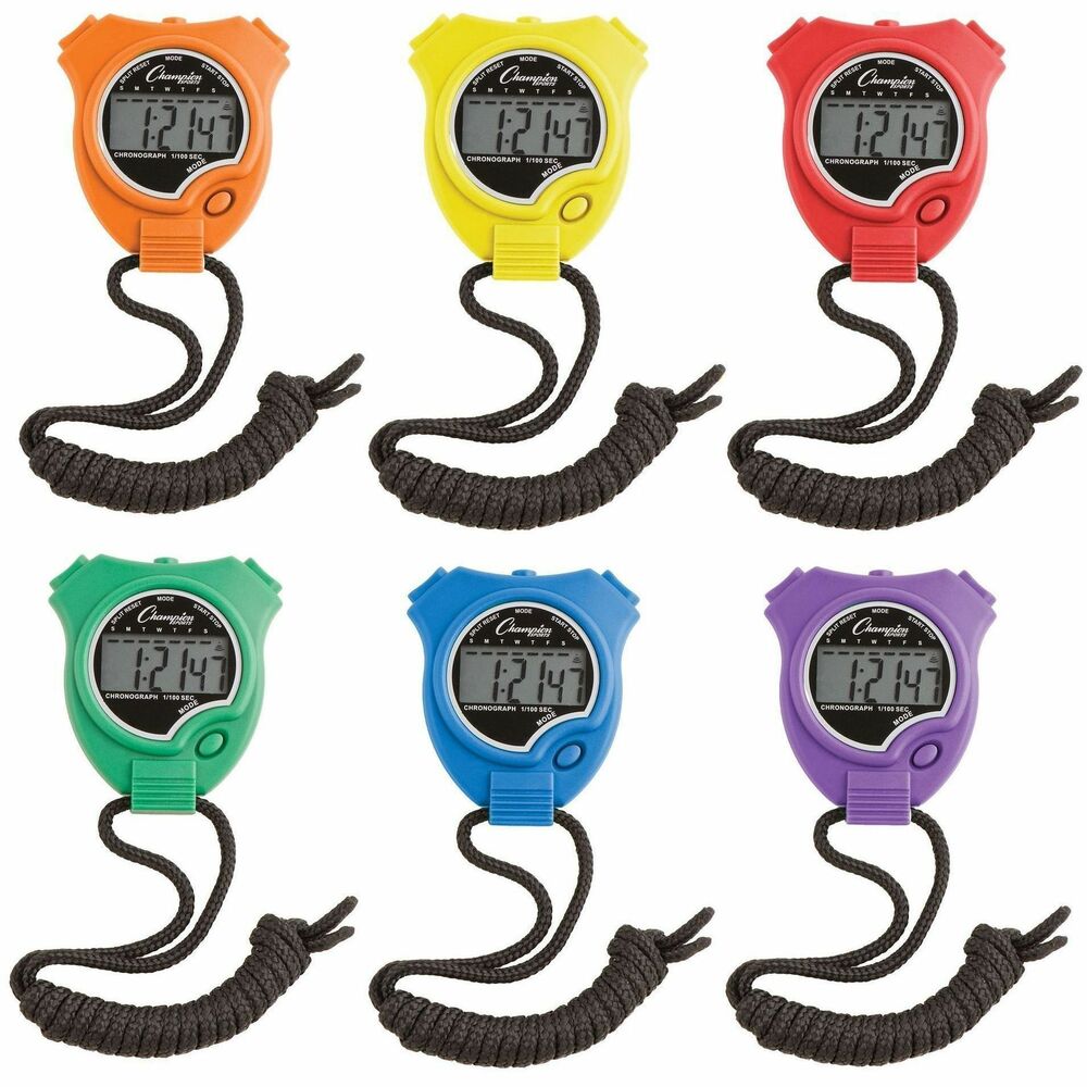 CSI910SET - Precision stop watches come in rainbow colors and with features to clock exact timing to the second. Functions include lap counter (first 30 minutes), 12/24-hour format, calendar and time, daily alarm, hourly chime, big-digit display and 23" lanyard. Durable watch is water-resistant and shock-resistant.