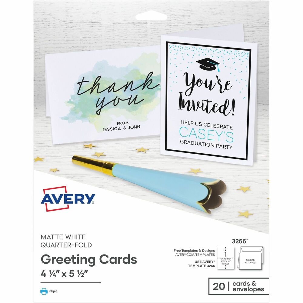 AVE03266 - Print your own elegant greeting cards, announcements and invitations with heavyweight quarter-fold greeting cards. Simply design on your computer and print with your inkjet printer. Cards are scored for easy folding and include matching envelopes. Made of high-quality, matte-coated stock for vivid color and photo printing. Great for party invitations, birthdays, holidays, announcements and much more. More from the Manufacturer