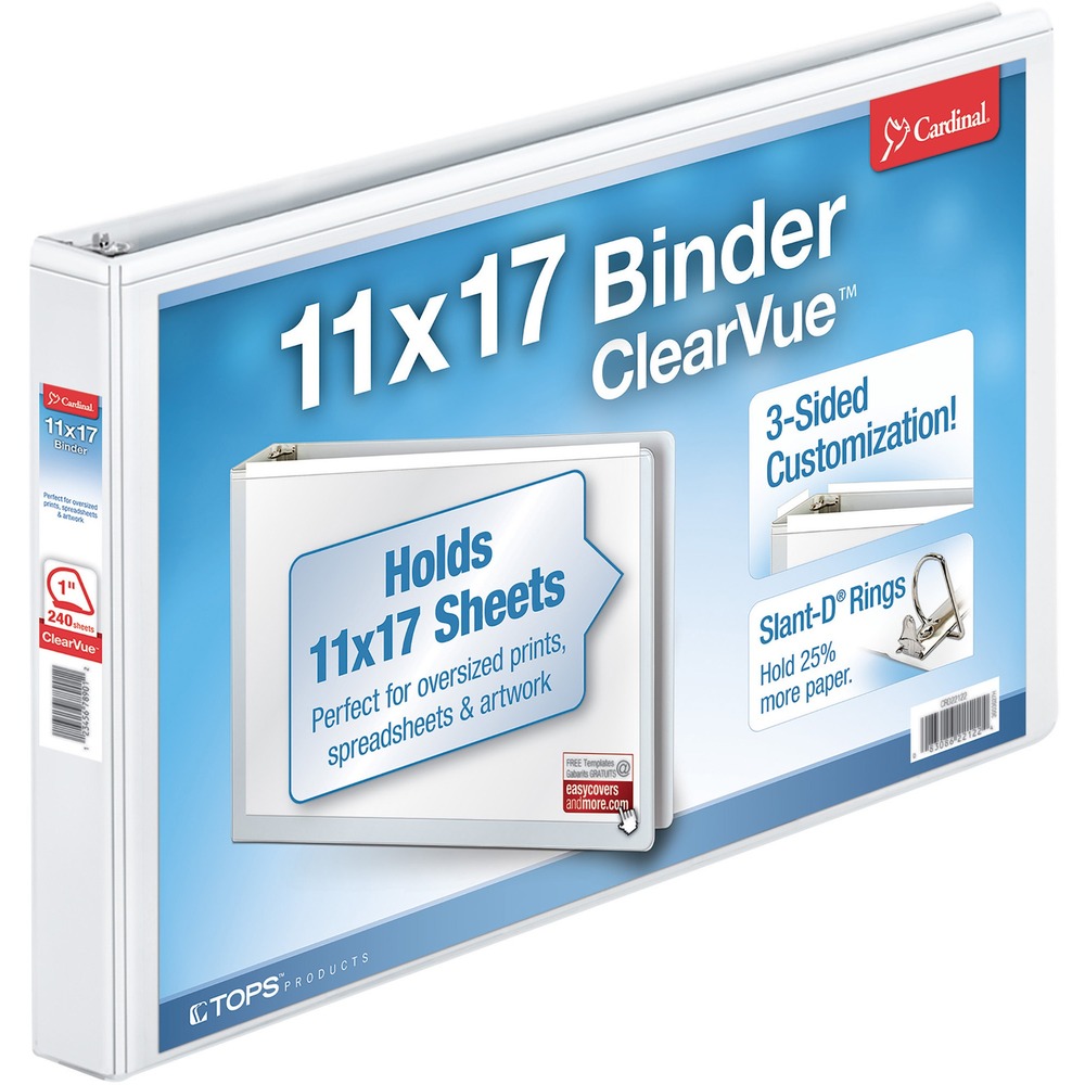 CRD22112CB - ClearVue D-Ring Binder stores tabloid-size documents and offers a 1" capacity for up to 240 sheets. Ideal for spreadsheets. Clear overlays on the front, back and spine allow you to customize the cover. Free templates for creating cover inserts are available online. Nonlocking, Slant-D rings hold 25 percent more material than standard round rings. Back-mounted steel rings provide a clean professional spine and reduce wear. Binder features exposed rivets and a sturdy chipboard core. Binder is made with a high percentage of recycled post-consumer material.