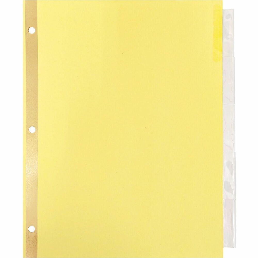BSN20066 - Insertable tab indexes are reinforced on both sides at the binding edge and have three holes along that edge for use in standard-size binders. Letter-size, buff-colored divider is made of 32 lb. stock. Gold-colored, Mylar reinforcement prevents tear-out. Tabs are clear for easy viewing. Tab indexes include blank white inserts that are compatible with laser and inkjet printers.