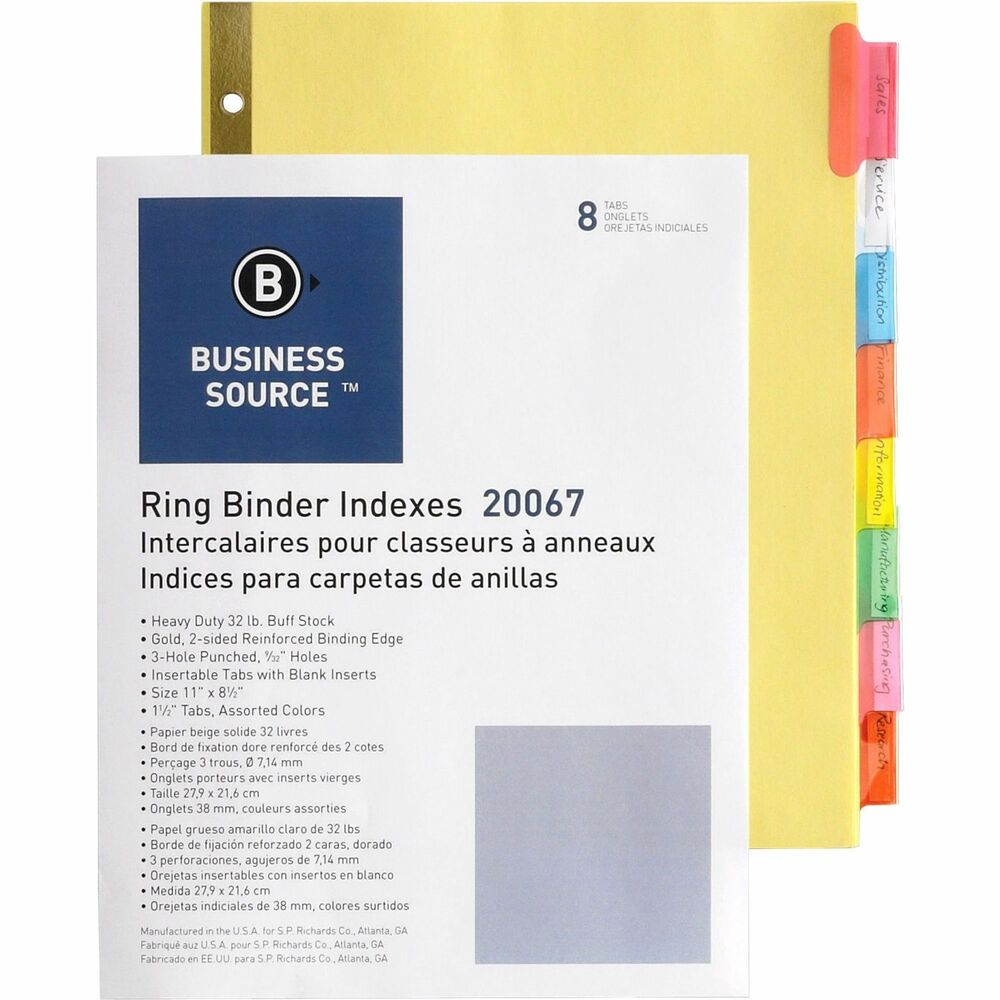BSN20067 - Insertable tab indexes are reinforced on both sides at the binding edge and have three holes along that edge for use in standard-size binders. Letter-size, buff-colored divider is made of 32 lb. stock. Gold-colored, Mylar reinforcement prevents tear-out. The eight tabs are multicolored for easy color-coding. Tab indexes include blank white inserts that are compatible with laser and inkjet printers.
