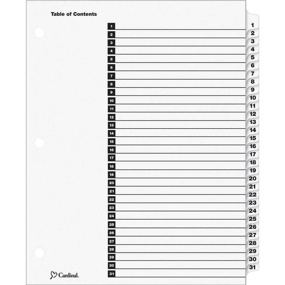 CRD60113CB - OneStep Index System instantly creates custom index sets by printing onto the included Table of Contents sheets. Matching, preprinted tabs on the divider sheets can be used in either portrait or landscape formats. Easy-to-use, free templates in your favorite software are available online. Tabs and ring edges are reinforced to withstand heavy use. Three-hole punched indexes are compatible with laser or inkjet printers, as well as standard typewriters. Tabs are numbered 1 to 31.