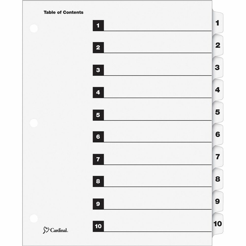 CRD61013CB - OneStep Index System with 10 tabs instantly creates custom index sets by printing onto the included Table of Contents sheets. Matching, preprinted tabs on the divider sheets can be used in either portrait or landscape formats. Easy-to-use, free templates in your favorite software are available online. Numbered tabs and ring edges are reinforced to withstand heavy use. Three-hole punched indexes are compatible with laser or inkjet printers, as well as standard typewriters. Use with letter-size presentations.