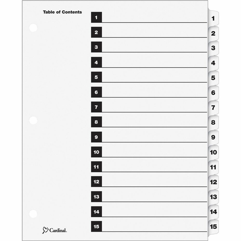 CRD61513CB - OneStep Index System with 15 tabs instantly creates custom index sets by printing onto the included Table of Contents sheets. Matching, preprinted tabs on the divider sheets can be used in either portrait or landscape formats. Easy-to-use, free templates in your favorite software are available online. Numbered tabs and ring edges are reinforced to withstand heavy use. Three-hole punched indexes are compatible with laser or inkjet printers, as well as standard typewriters. Use with letter-size presentations.