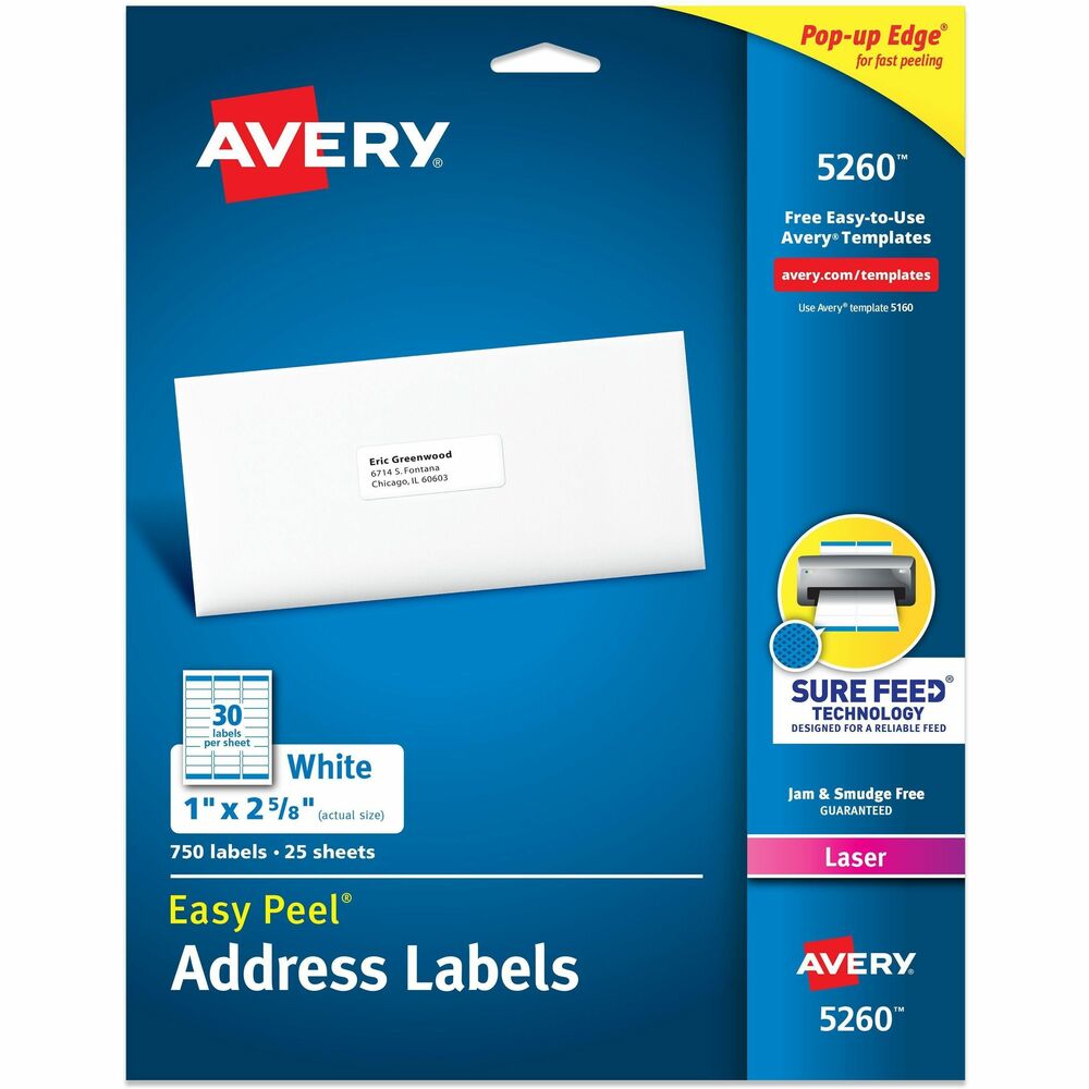 AVE5260 - Easy Peel White Address Labels are great when you want to create professional labels quickly and easily. They're perfect for high-volume mailing projects, labeling bottles, Ball and Mason jars, food containers, bath and beauty products, product branding, event decorations, party favors and crafts. Sure Feed technology is designed for a reliable feed through your printer, helping prevent misalignments and jams. The patented Easy Peel feature makes applying these labels a breeze. Simply bend the label sheet to expose the Pop-up Edge, peel off your label and fold the sheet back to flat. To easily customize your labels, use Avery's free online templates and designs. Each sheet includes 30 labels that each measure 2-5/8" wide x 1" high. More from the Manufacturer