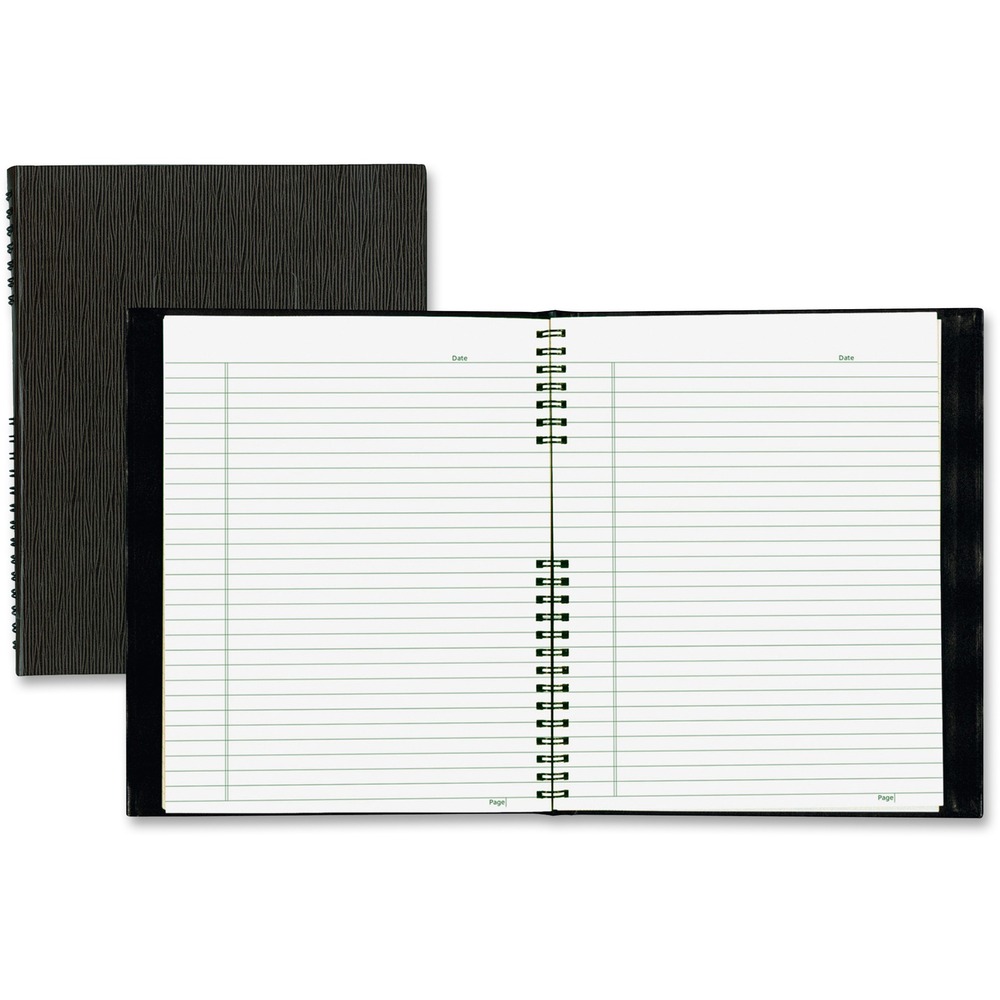 REDA10200EBLK - NotePro Notebook features special wire binding that allows the book to lie flat when open. Hard Romanel cover folds back for easy writing. Each page has a date area at the top of each page. Each page is also ruled in green ink and microperforated for easy tear-out. Notebook includes ecological tips, self-adhesive tabs and a storage pocket.