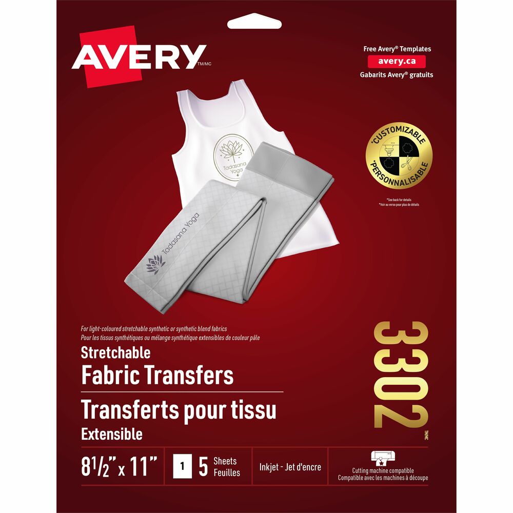 AVE03302 - Use these Stretchable Fabric Transfers to personalize stretchable sportswear, fashionwear and more. Image stretches with the fabric and has a soft feel. Iron-on transfers are matte-coated and designed for use on white fabrics such as cotton/poly blend, poly/spandex blend and 100 percent polyester. They are compatible with inkjet printers. Free templates are available to customize projects with designs and clip art or you can use your digital photos on T-shirts, sweatshirts, bags and more for any occasion.