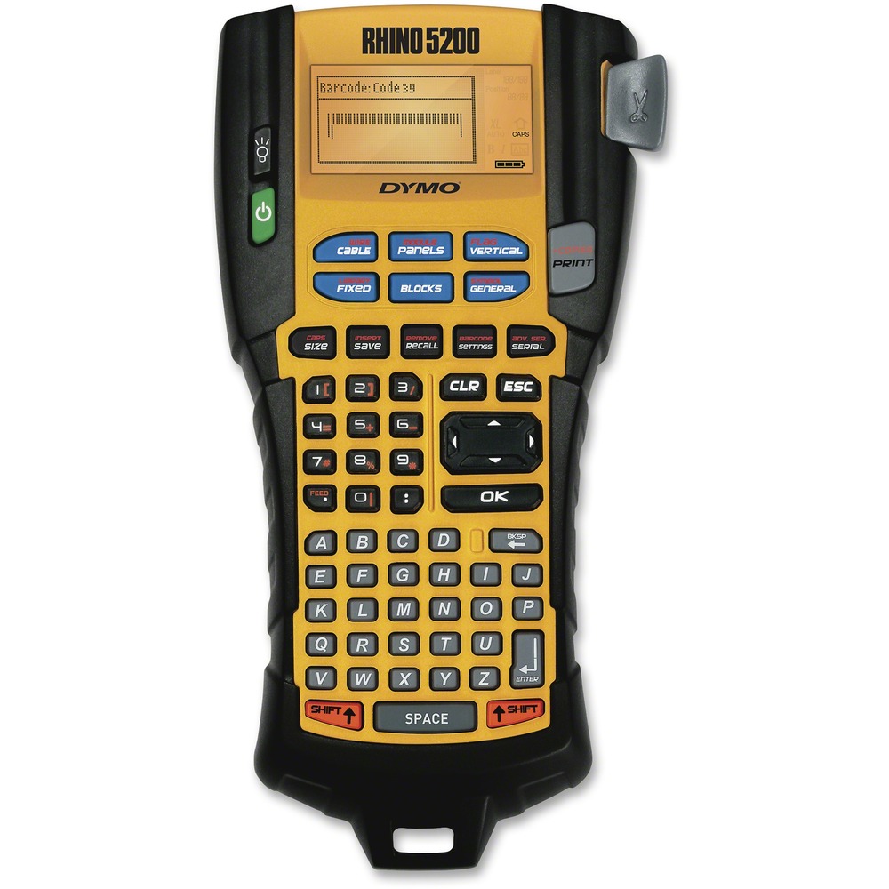 DYM1755749 - Rhino 5200 Kit lets you quickly create crystal-clear, professionally formatted labels for wires and cables, terminal blocks, 110 blocks, electrical and patch panels, shelves, racks, equipment machinery and more. Print Code 39 and Code 128 bar codes on 3/4" (19mm) labels. Rhino 5200 uses industrial-strength labels that resist extreme heat, UV rays, moisture, chemicals and solvents so your labels will stay stuck and stay legible in harsh conditions. Preprogrammed symbol library includes industry symbols, punctuation, currency and fractions. Integrated, slip-resistant grip and rubber bumper protects label maker against damage from accidental falls and rough jobsites. Integrated lanyard loop provides option of hands-free portability. Large two-line display is backlit for poorly lit installations. Label printer runs on six AA batteries (sold separately) or on lithium-ion battery (sold separately) and meets all ANSI, TIA/EIA-606-A labeling standards. Automatic shutoff maximizes battery life. More from the Manufacturer