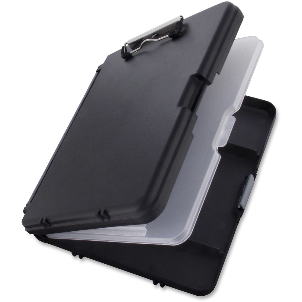 SAU00552 - Storage clipboard features a side opening that allows convenient access. Strong, low-profile clip with rubber corner grips holds a sheet or pad of paper securely. Large internal storage space keeps pads, pens and more. Portable design features a smooth surface for writing. Clipboard is made with durable polypropylene.