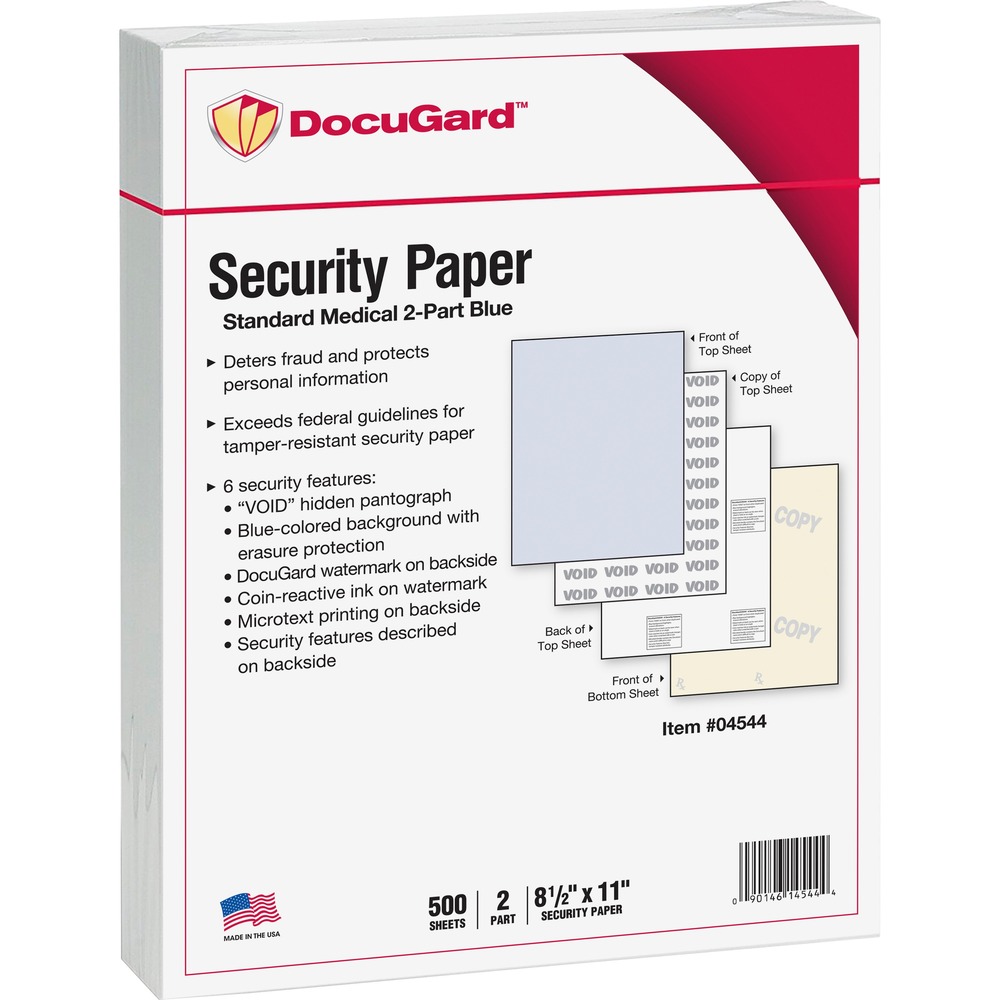 PRB04544 - Security paper ensures maximum protection against fraud. Letter-size paper prevents unauthorized copies and safeguards confidential business, legal, healthcare and personal documents. Tamper-resistant paper is designed for use with all laser printers and inkjet printers. Six security features include a hidden pantograph, erasure-resistant color background, microtext printing, DocuGard watermark, coin-reactive ink and a security features listing.