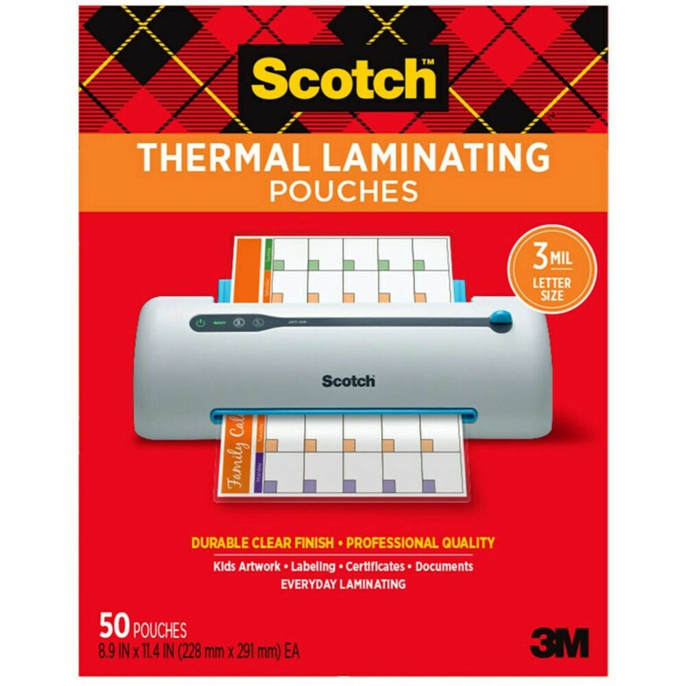 MMMTP385450 - Laminating pouches are designed for use with the 3M Scotch Thermal Laminator or any standard, thermal-pouch laminator. Pouches provide instant, two-sided protection for frequently handled or referred to items. Photo-safe pouches are clear to let important information show through with a professional finish. Preserve and protect documents, awards, signs, calendars, certificates, children's artwork, schedules and more. More from the Manufacturer