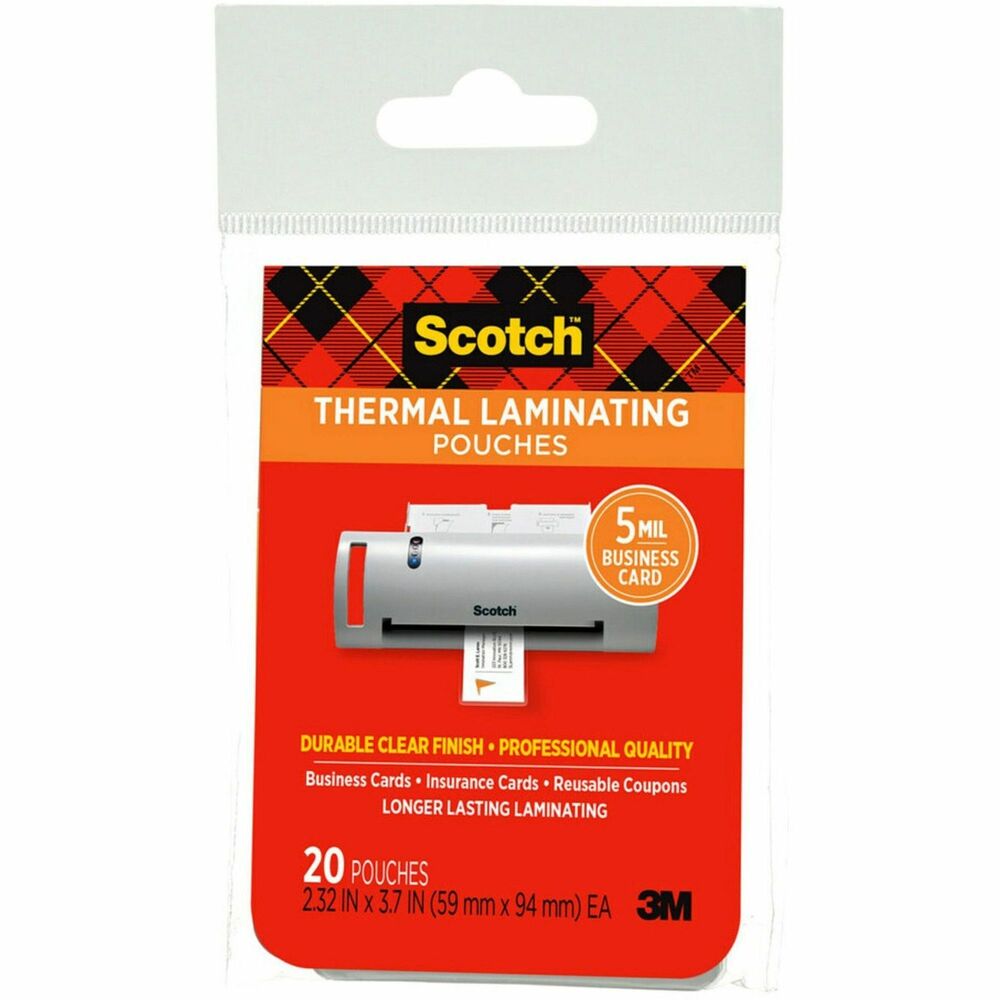 MMMTP585120 - Laminating pouches are designed for use with the 3M Scotch Thermal Laminator or any standard, thermal-pouch laminator. Pouches provide instant, two-sided protection for business cards or other frequently handled or referred to items. Photo-safe pouches are clear to let important information show through with a professional finish. More from the Manufacturer