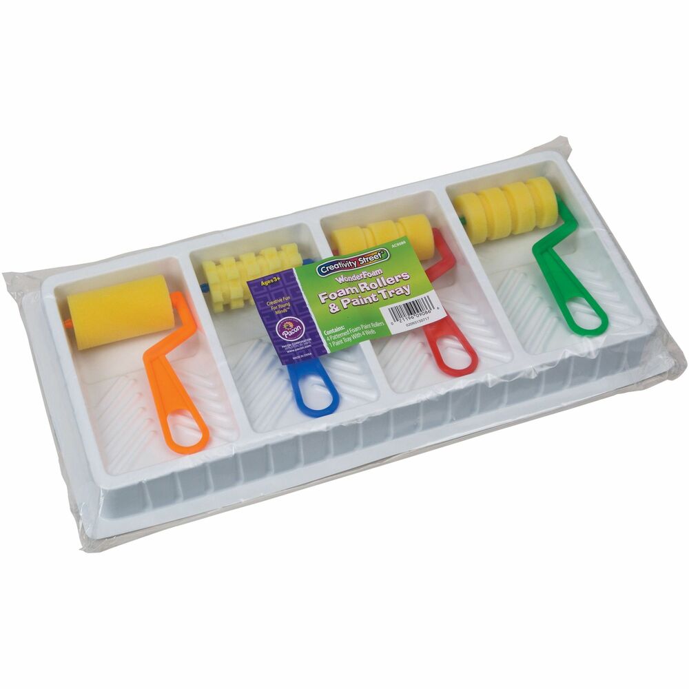 PAC9086 - Foam rollers and paint tray let children paint in a fun and creative way. Distinctive patterns can be used to quickly paint surfaces with four unique designs. Paint tray holds four different colors and features a slanted base to remove excess paint.