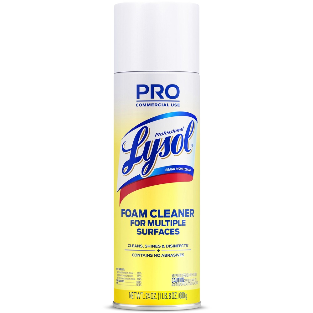 RAC02775 - Lysol Professional Disinfectant Foam Cleaner cleans, shines, disinfects and deodorizes. This rich foam clings to surfaces to kill staph, salmonella, pseudomonas and HIV-1 (AIDS virus). Unique aerosol valve allows spraying from any position-even upside down to clean, shine, disinfect and deodorize. This product eliminates odors and prevents growth of mold and mildew. Use on fiberglass, glazed porcelain, synthetic marble, glazed tile, hard plastic and vinyl. Ready-to-use formula contains no chlorofluorocarbons (CFCs) and can be used for hospital disinfection.