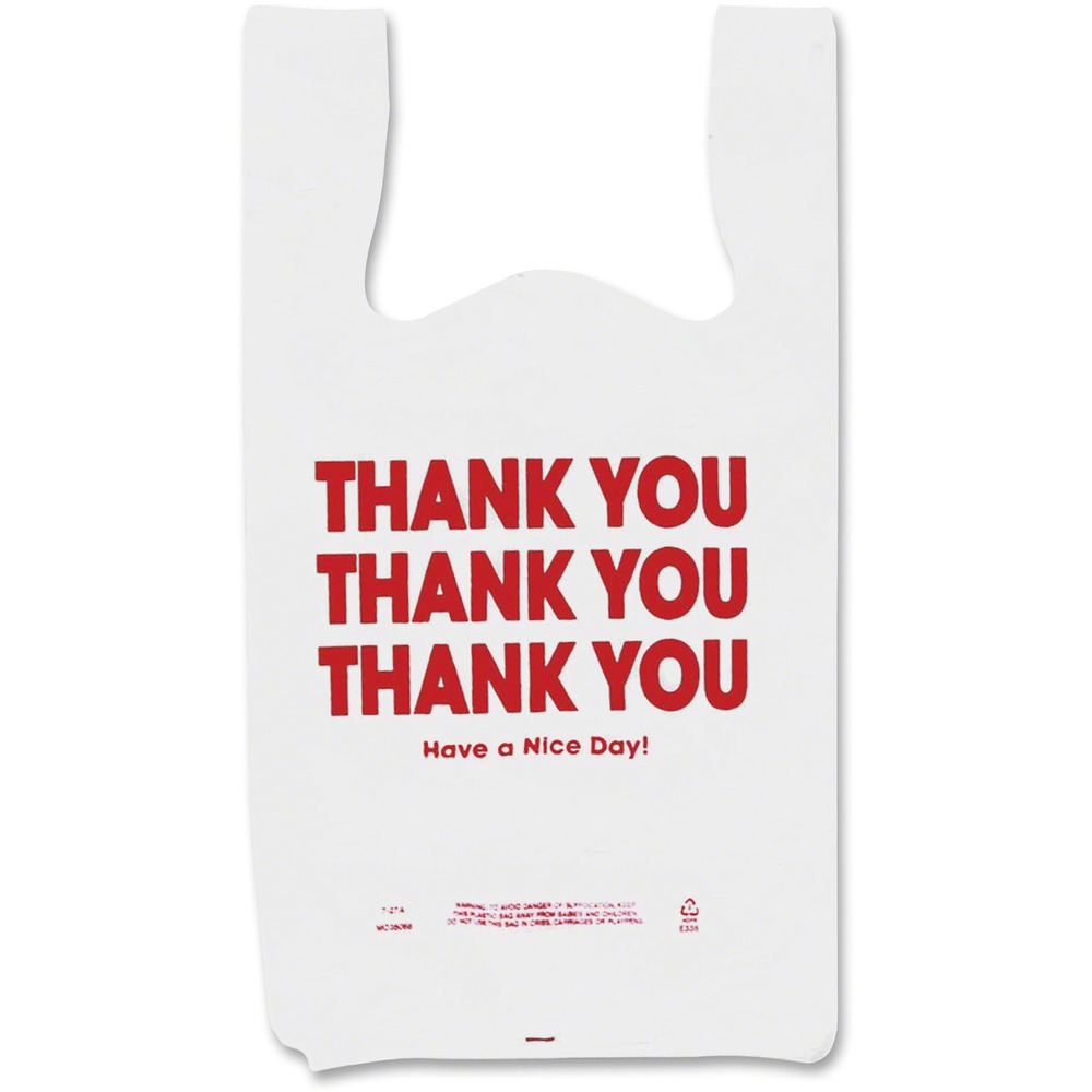 COS063036 - Plastic bags can be used directly out of the box or on a rack system. High-density plastic is durable enough to hold a wide variety of items. Bright white bag displays "Thank You" in red letters for high visibility.