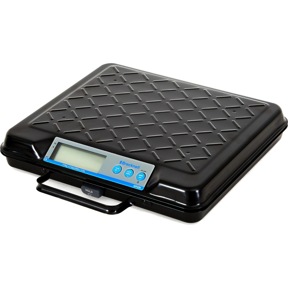 SBWGP250 - Electronic digital bench scale is designed for greater accuracy up to a 250 lb. (110 kg.) capacity and a USB virtual COM port. Weight Hold Key locks the weight reading when a large package blocks the display. Key functions include Hold, Tare, Units (pounds or kilograms), and Zero/On-Off. Scale operates via the included 9-volt battery. It also features overload protection and auto zero tracking. Internal backlit display offers 1" high LCD digits for easy visibility. Scale automatically shuts down after 4 minutes of nonuse to save on battery or electricity. Switch keyboard technology ensures reliability and longevity. Handy scale is portable with an attached handle. Sturdy design includes 22-gauge steel with a ribbed base. Platform size is 12" x 10".