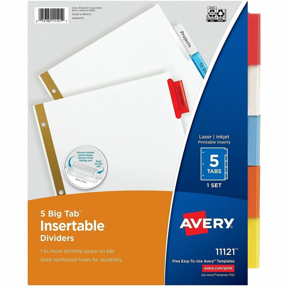 AVE11121 - Dividers feature a special tab design so inserts are secure yet easy to insert and remove from the multicolored tabs. Bigger tabs and inserts provide 50 percent more printing space for tab titles than traditional, insertable tab dividers. Insertable dividers feature white paper and double gold-reinforced edges. Avery offers many easy-to-use templates for Microsoft Word and other popular software programs. Create and update tab inserts using your laser or inkjet printer. More from the Manufacturer