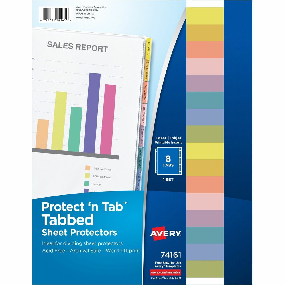 AVE74161 - Top-loading sheet protectors include tabs. Insert title page into index for a customized professional look. Specially formulated nonstick polypropylene material is acid-free and archival-safe and won't lift print off inserts. Tab inserts are laser/inkjet printer-compatible. Avery offers many easy-to-use templates for Microsoft Word and other popular software programs. Each top-loading page holds a letter-size sheet. More from the Manufacturer