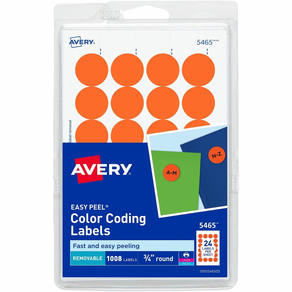 AVE05465 - Make your labeling system come alive with dazzling color. Color-coding labels are ideal for document/inventory control, routing, organizing, highlighting, price marking, scheduling and more. The 3/4" round labels stick firmly to documents, inventory, sale items and more to draw the eye and help keep your important objects well-sorted. Handwrite your notes or use the free templates available online to customize the labels and conveniently print them on your laser or inkjet printer. The adhesive sticks firmly, but allows easy removal when no longer needed. Labels come on a 4" x 6" sheet size. They are not recommended for use with color laser printers. More from the Manufacturer