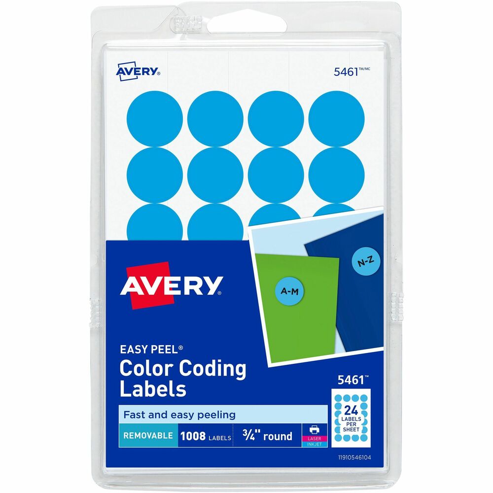 AVE05461 - Make your labeling system come alive with dazzling color. Color-coding labels are ideal for document/inventory control, routing, organizing, highlighting, price marking, scheduling and more. The 3/4" round labels stick firmly to documents, inventory, sale items and more to draw the eye and help keep your important objects well-sorted. Handwrite your notes or use the free templates available online to customize the labels and conveniently print them on your laser or inkjet printer. The adhesive sticks firmly, but allows easy removal when no longer needed. Labels come on a 4" x 6" sheet size. They are not recommended for use with color laser printers. More from the Manufacturer