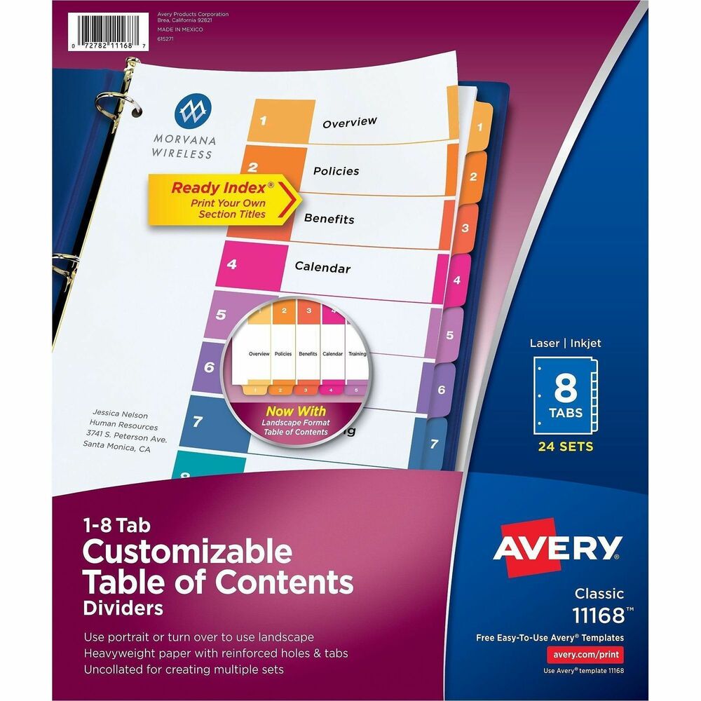 AVE11168 - Coordinating divider system makes referencing easy and delivers a professional look. Uncollated set includes a reinforced Table of Contents page, matching preprinted tab dividers labeled, added tab reinforcement, double-sided hole reinforcement on tabbed dividers and paper made of heavy stock. 2-in-1 tab design lets you pick between portrait and landscape formats. Simply print the section titles onto the Table of Contents page using your inkjet or laser printer. Tab dividers are also compatible with typewriters and copiers. Dividers are three-hole punched for use in binders. Avery offers many easy-to-use templates for Microsoft Word and other popular software programs. More from the Manufacturer