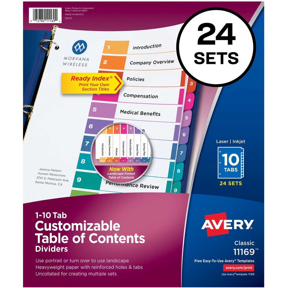 AVE11169 - Organize your projects in moments with Avery Ready Index 10-tab dividers. Each tab is preprinted and uniquely color coded for a professional appearance. Print your own custom section titles and images onto the table of contents sheet without worrying about labels or inserts. Whether you're creating planners for classes or hosting a presentation, these dividers are ideal for getting everything sorted. 24 sets of 10 tabbed dividers are included with each sheet measuring 8-1/2"x11". The 3 binder holes are reinforced on both sides of the heavyweight sheet to prevent creasing and tearing. Each divider tab includes additional reinforcement along the edge of each page to distribute stress and resist folding. The printable table of contents is dual compatible with both laser and inkjet printers. This sheet can also be printed in either portrait or landscape so that your projects can be displayed in any orientation. Just flip the sheet to view the other layout on the opposite side. Try out free templates for these dividers and check out the Avery Design & Print software at avery.com/templates. More from the Manufacturer