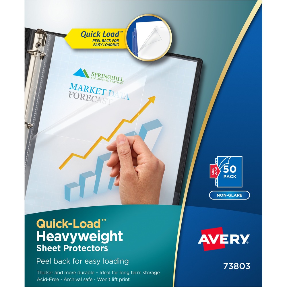 AVE73803 - Access and update your documents in record time with Quick Load(TM) Sheet Protectors. Each sheet protector is open on the top and one side so you can easily peel back the top layer to insert and remove your 8.5" x 11" sheets quickly, making them ideal for pages that need to be updated or removed frequently. The non-glare, clear finish on these heavy duty page protectors offers an unhindered view to the contents of your documents, scrapbooking pages, photos, recipes and more without the distracting glare from nearby lights. Each sheet protector is made from acid-free and archival safe polypropylene that won't lift print, making them perfect for protecting irreplaceable photos, important documents and other prized items against dirt, tears and spills. Its rugged construction also ensures that these heavy duty plastic document protectors will survive the daily grind. You can even use your clear plastic page protectors for 3 ring binders as a dry erase board. Jot down notes, check off items on your list, create practice lessons for kids or cross out tasks on your schedule by writing directly on the sheet protector with dry erase markers. When done, simply wipe the page protectors clean and reuse again and again. Give your frequently used documents, reports, recipes, photos and other important items the long-term protection and preservation they deserve with this pack of 50 non-glare clear sheet protectors for 3 ring binders. Each protector can hold one sheet of 8.5" x 11" paper. More from the Manufacturer
