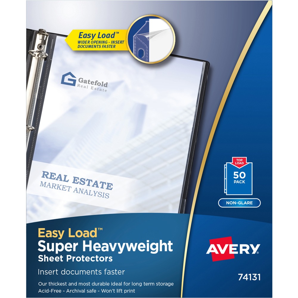 AVE74131 - Protect your important papers with these nonglare, super-heavyweight, sheet protectors. The durable polypropylene makes these sheet protectors ideal for frequent use. Nonglare material reduces distracting glare and is acid-free and archival-safe to keep print on your papers where it belongs. The Easy Load feature offers a wider top opening, allowing you to slide up to 10 letter-size sheets into place quickly and easily. No need to punch inserts. Sheet protectors are three-hole punched and top-loading. More from the Manufacturer