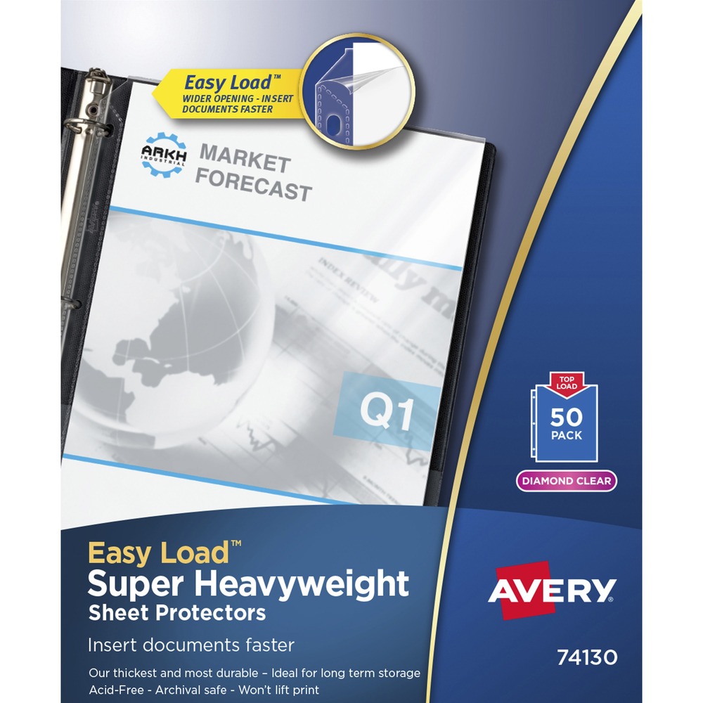AVE74130 - Heavyweight sheet protectors offer the solution to keeping your important papers protected. Designed both to protect your papers and show them off impressively, Diamond-clear material delivers a crisp view of your pages as well as durable protection. Acid-free, archival-safe polypropylene ensures your pages stay in top condition and that print remains on your papers, rather than transferring to the sheet protector. The protectors' clear binding edge rounds out the professional look of your presentations and other documents. Easy Load feature provides a wider top opening so papers slide easily into place. Each three-hole punched page holds one sheet of paper and protects letter-size papers. More from the Manufacturer