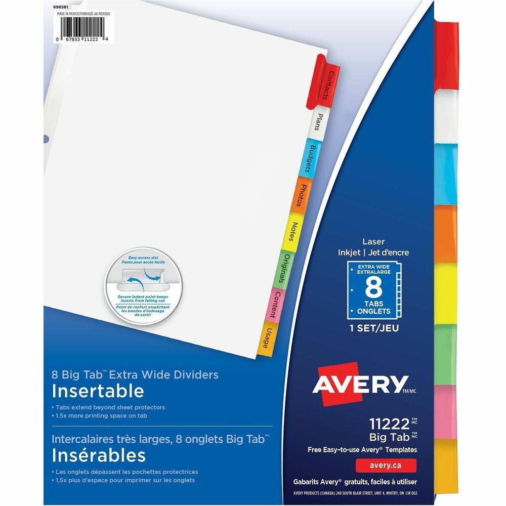 AVE11222 - Dividers feature a special tab design so inserts are secure yet easy to insert and remove. Big tabs and inserts provide 50 percent more printing space for tab titles than traditional, insertable tab dividers. Dividers feature extra-wide white paper and single-sided, clear-reinforced edges. Avery offers many easy-to-use templates for Microsoft Word and other popular software programs. Create and update tab inserts using your laser or inkjet printer. More from the Manufacturer