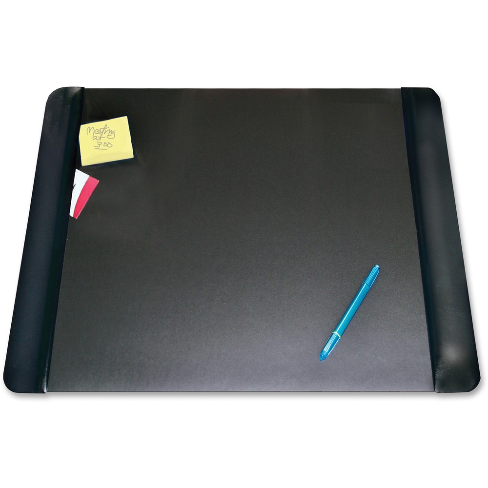 AOP413841 - Executive desk pad protects your desktop from scratches, stains and spills and cleans with ease. Microban antimicrobial product protection works 24/7 and never washes off or wears away. Design also features leatherlike cushioned side panels and a center, firm writing surface that resists stains and cleans with water. Slide notes and business cards under side panels to keep them in place. The ergonomic surface enables smoother writing. Matte black reduces eyestrain. Nonslip foam back keeps desk mat in place.