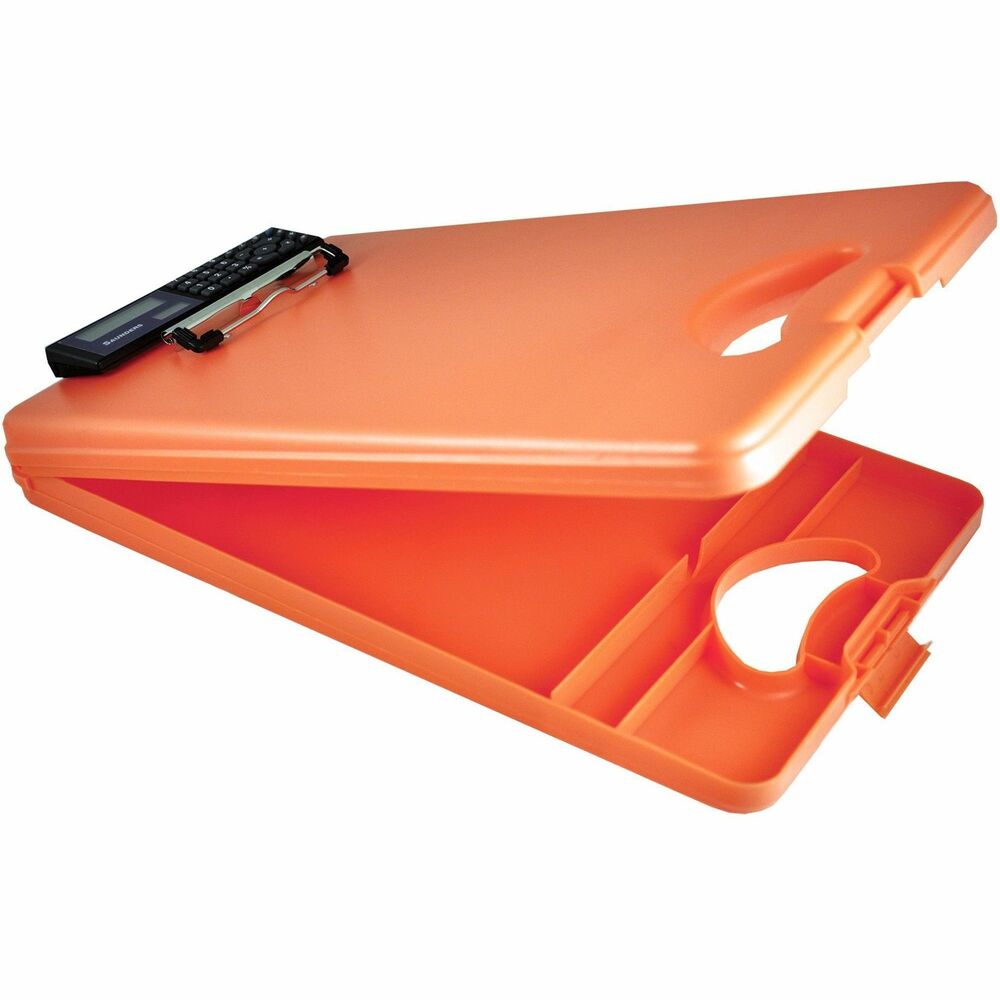 SAU00543 - Storage clipboard with a built-in calculator is a necessity for anyone that needs a professional-looking mobile office, helps you stay organized and is weather-resistant. Solar-powered and battery-operated calculator is perfect for making quick calculations. Strong, low-profile clip features rubber grips to secure your documents. The metal clip safely holds 1/2" of important documents and notepads. The molded edges fit snuggly together and keep your materials safe from weather. Open the break-resistant clipboard from the bottom to reveal a large internal storage compartment to store additional items.