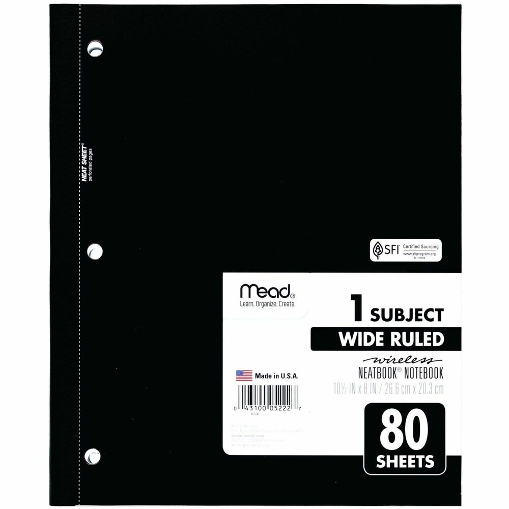 MEA05222 - Wireless, one-subject notebook is three-hole punched for fast, easy organization. Perforated sheets allow simple paper extraction and keep the notebook neat. Wide-ruled paper provides ample space for simple note-taking. Coated front cover ensures the pages stay protected.