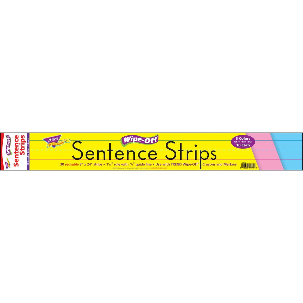 TEPT4002 - Wipe-off Sentence Strips give students a chance to practice writing and printing skills again and again on the erasable surface. Class-size packs make it easy for everyone to have the hands-on practice that delivers results. 24" length is perfect for classroom demonstrations, printing and writing practice, word walls, story walls, spelling practice and announcements. Tri-color pack provides added flexibility to color-code your lesson plans. 3" tall strips include standard guidelines.